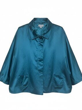J.Jill Women's Size LP Swing Jacket Peacock Blue Sateen Stretch Cape Cropped